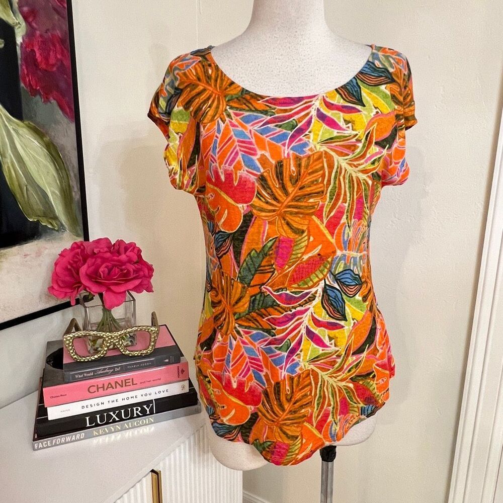 C&C California Women's Tropical Leaf Linen Short Sleeve Top Multicolor Small
